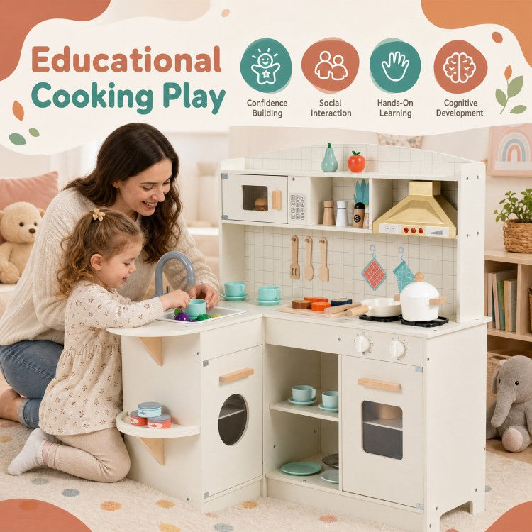Wooden Kids Play Kitchen with Lights & Sounds, Stove, Microwave & Sink – White | Ages 3+