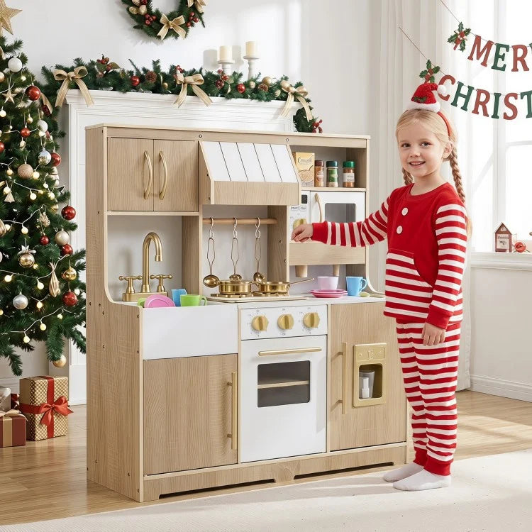 Wooden Play Kitchen with Lights, Sounds & Ice Maker for Toddlers