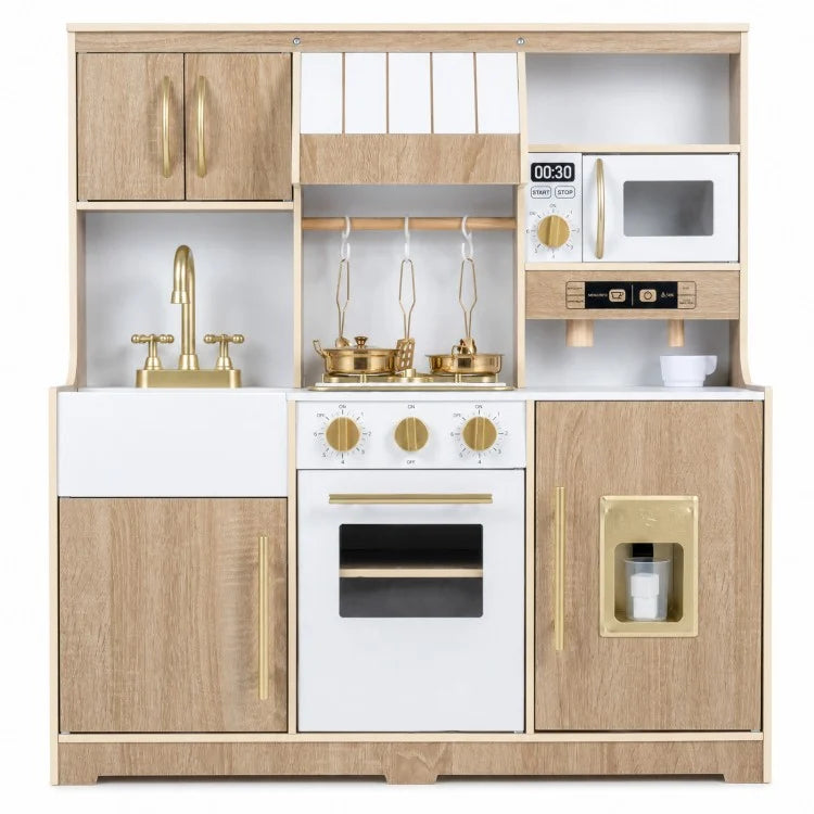 Wooden Play Kitchen with Lights, Sounds & Ice Maker for Toddlers
