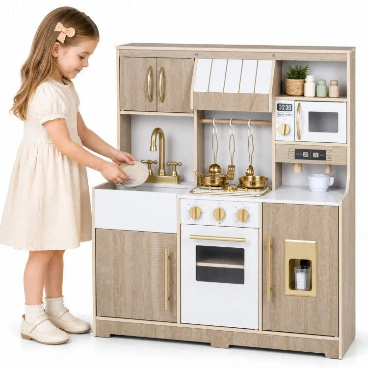 Wooden Play Kitchen with Lights, Sounds & Ice Maker for Toddlers