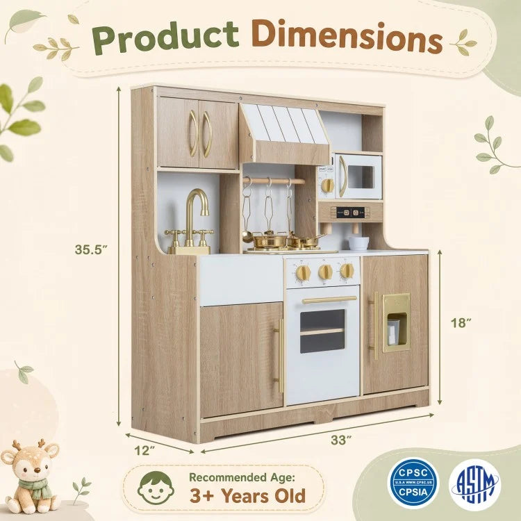 Wooden Play Kitchen with Lights, Sounds & Ice Maker for Toddlers