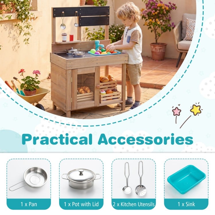 Wooden Play Pretend Kitchen with Stoves Storage Cabinet and Shelf