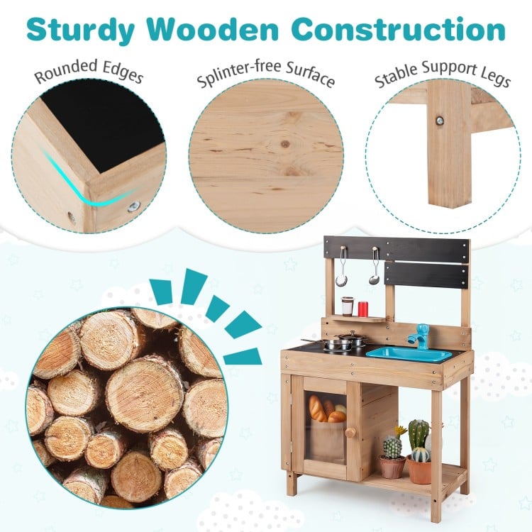 Wooden Play Pretend Kitchen with Stoves Storage Cabinet and Shelf