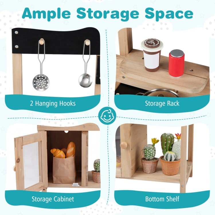 Wooden Play Pretend Kitchen with Stoves Storage Cabinet and Shelf