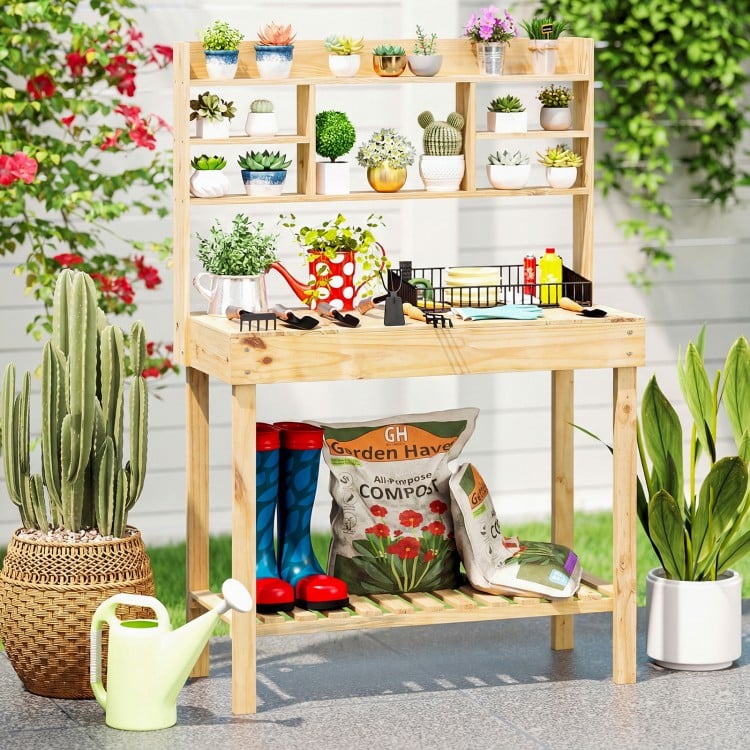 Wooden Potting Bench Table Garden Planting Workstation with 3-Tier Open Shelf-Natural
