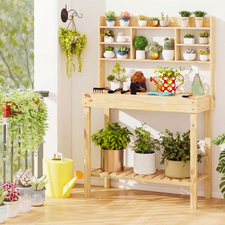 Wooden Potting Bench Table Garden Planting Workstation with 3-Tier Open Shelf-Natural