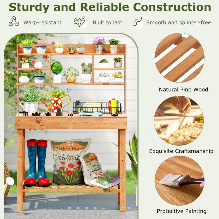 Wooden Potting Bench Table Garden Planting Workstation with 3-Tier Open Shelf-Brown