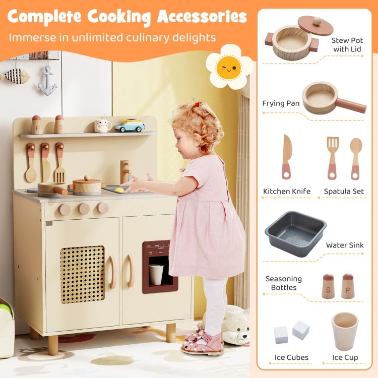 Wooden Pretend Kitchen Playset with Realistic Ice Maker