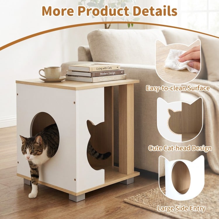 Wooden Semi-enclosed Cat Condo with Kitty Head-shaped Entry and Metal Legs-Natural