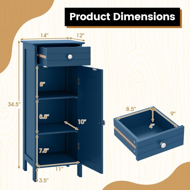 Wooden Storage Free-Standing Floor Cabinet with Drawer and Shelf-Blue