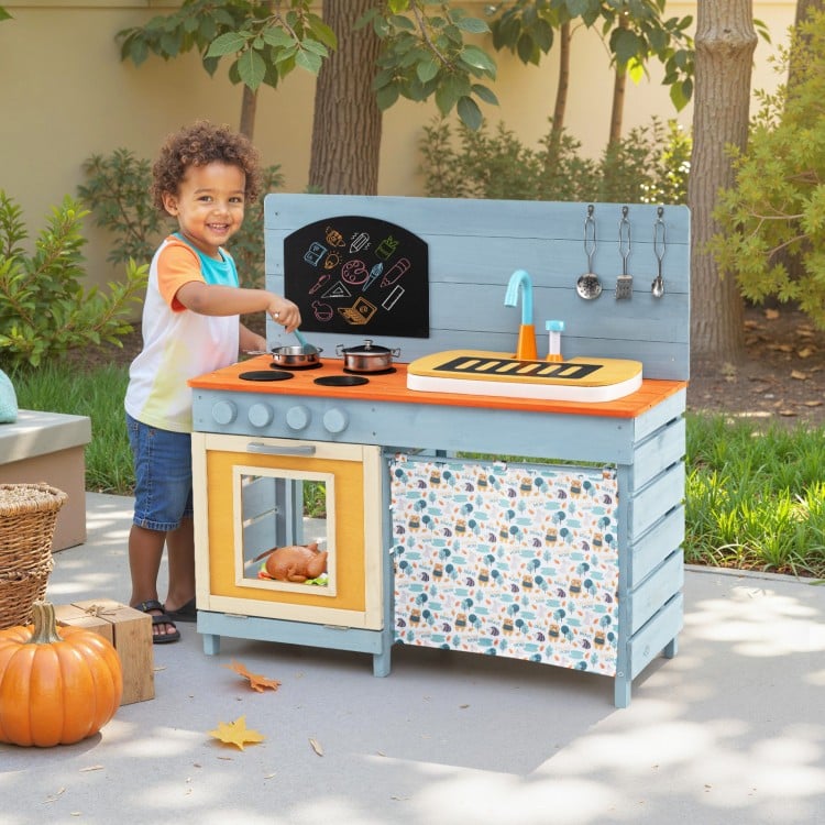 Wooden Toy Kitchen Playset with Removable Circulation Faucet and Cooking Accessories
