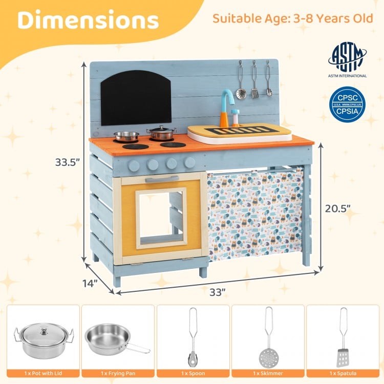 Wooden Toy Kitchen Playset with Removable Circulation Faucet and Cooking Accessories
