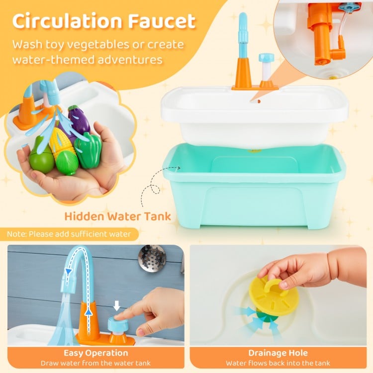 Wooden Toy Kitchen Playset with Removable Circulation Faucet and Cooking Accessories