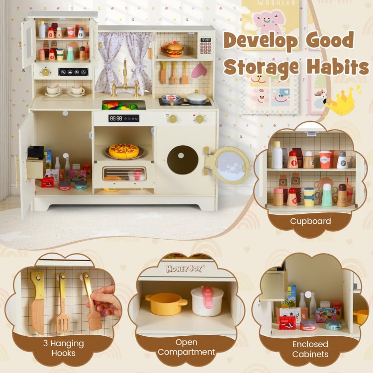 Wooden Toy Kitchen Playset with 14 Accessories for Aged 3+ Years-Beige
