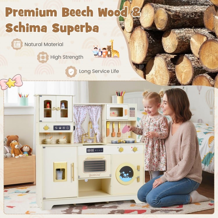 Wooden Toy Kitchen Playset with 14 Accessories for Aged 3+ Years-Beige