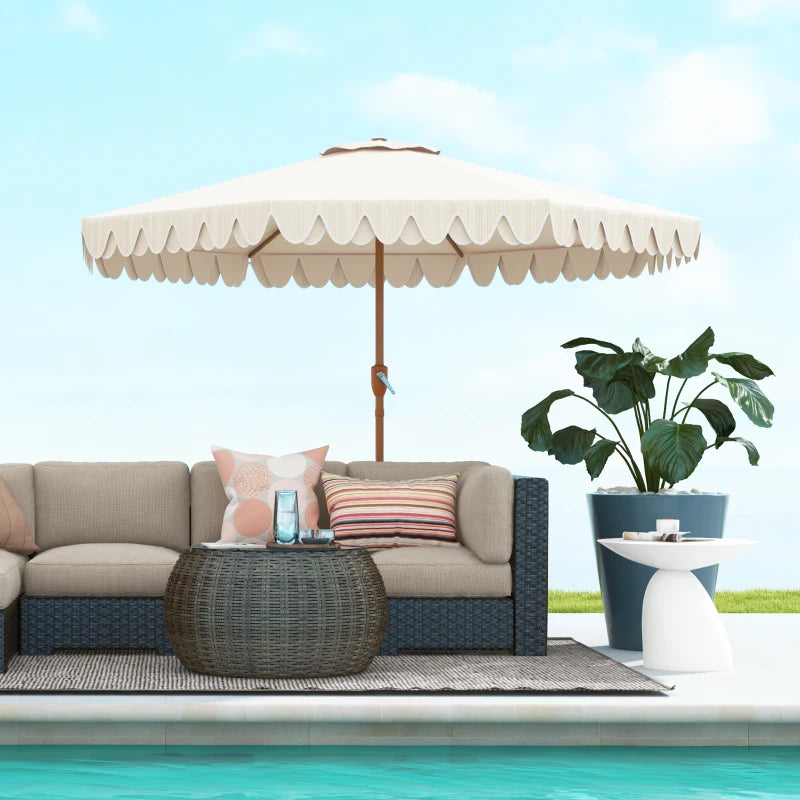 9 ft Patio Umbrella with Push Button Tilt and Crank, Double-ruffled Outdoor Market Table Umbrella Parasoll, Cream White