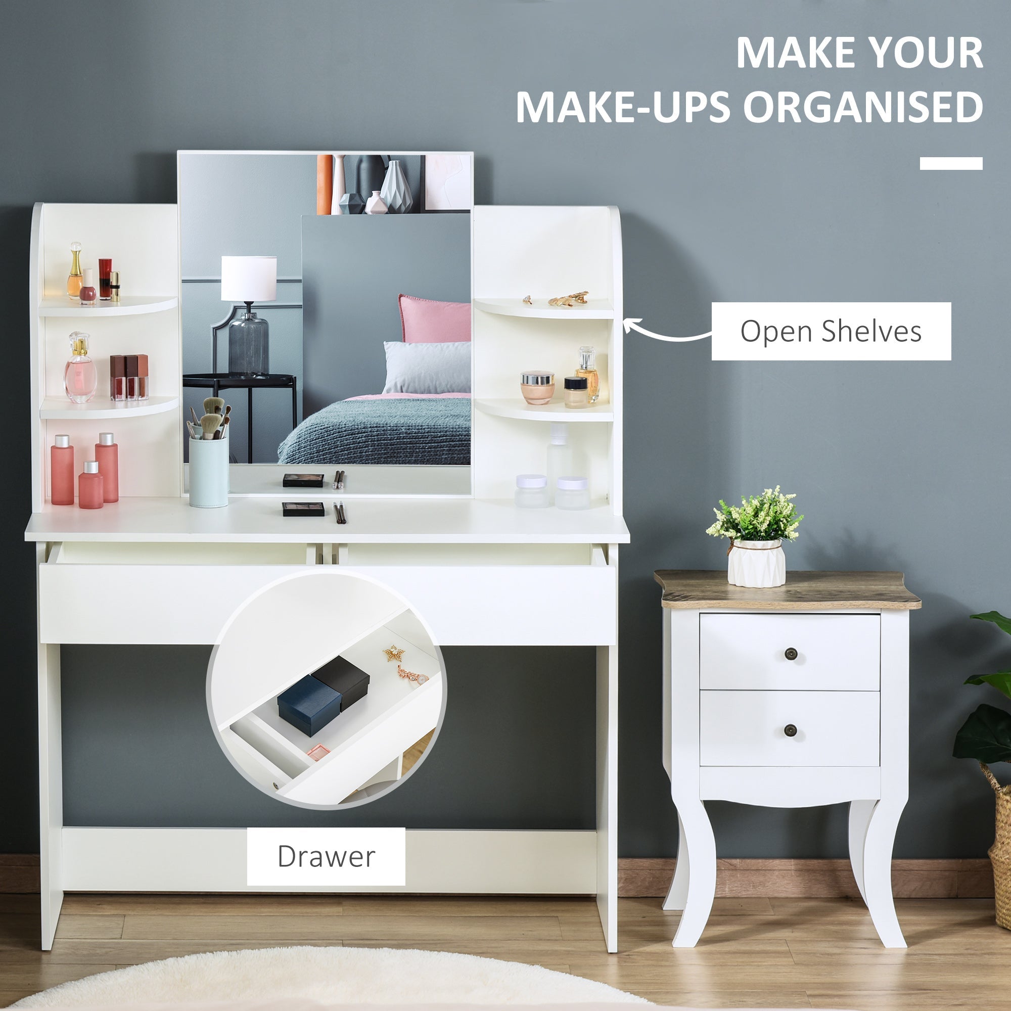 HOMCOM Dressing Table Vanity Set with Makeup Mirror Large Drawers Open Shelf for Bedroom White 