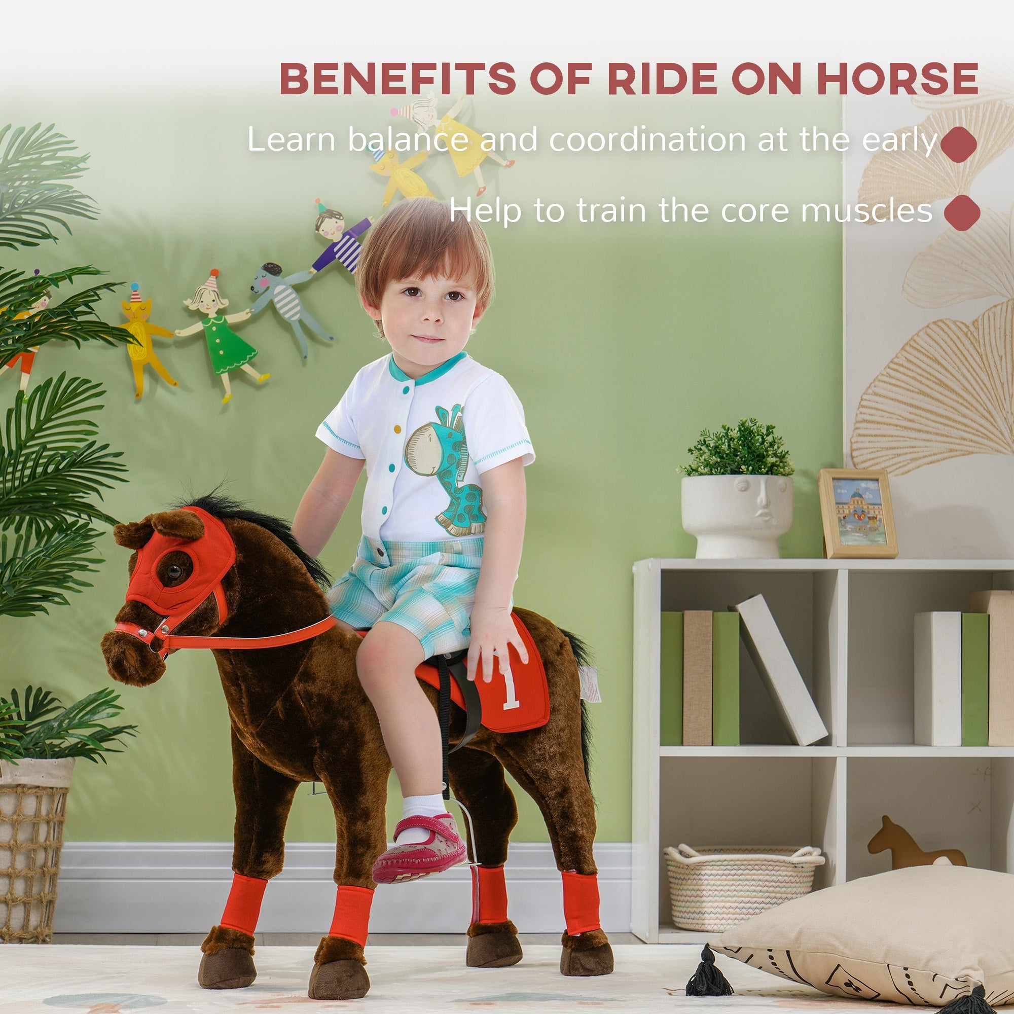 Qaba Kids Ride On Horse w/ Neighing Sound, Saddle, Stirrups, for 3-8 Years 