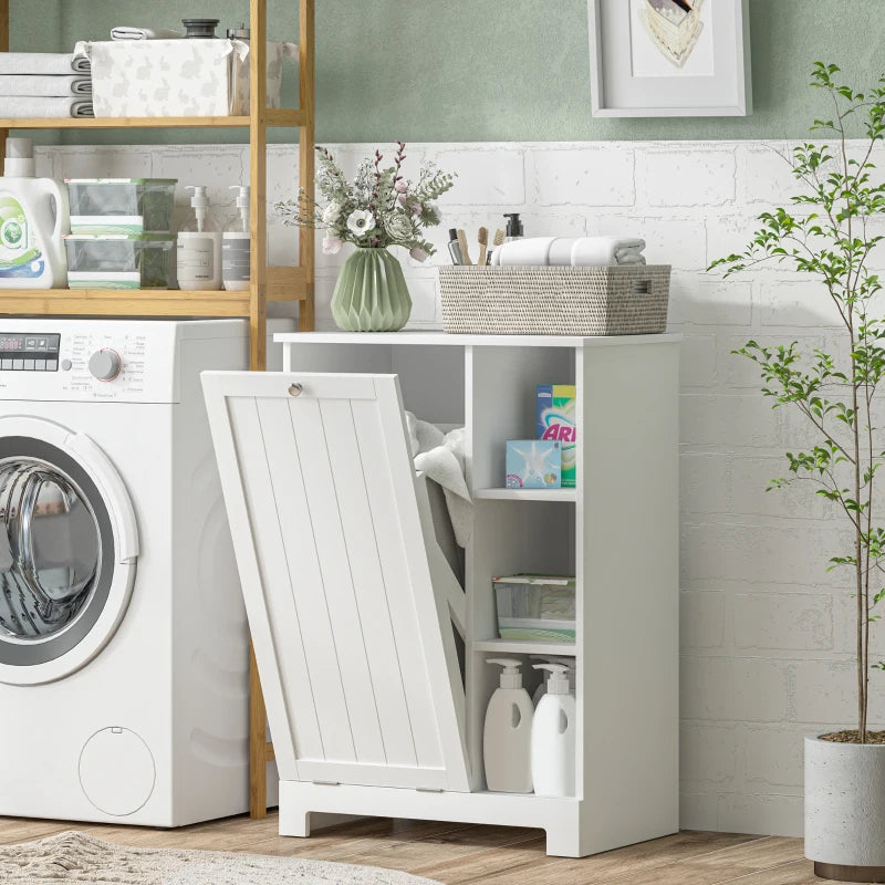 Laundry Cabinet with Removable Basket, Tilt Out Laundry Hamper with Adjustable Shelf and Open Compartments, White