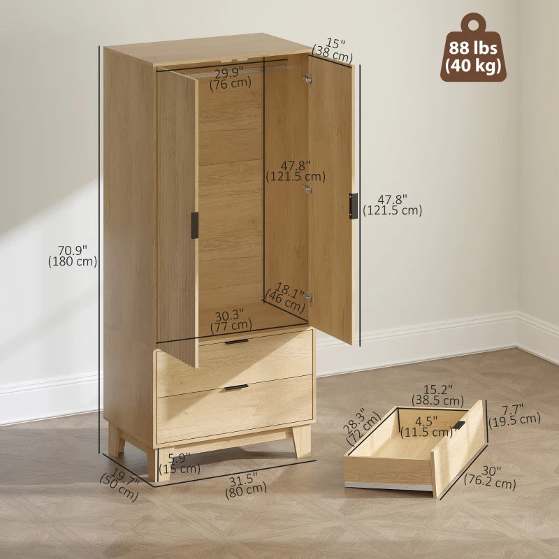 Modern Wardrobe Closet, Freestanding Armoire with Soft-Close Doors, 2 Drawers and Hanging Rod for Bedroom, Natural