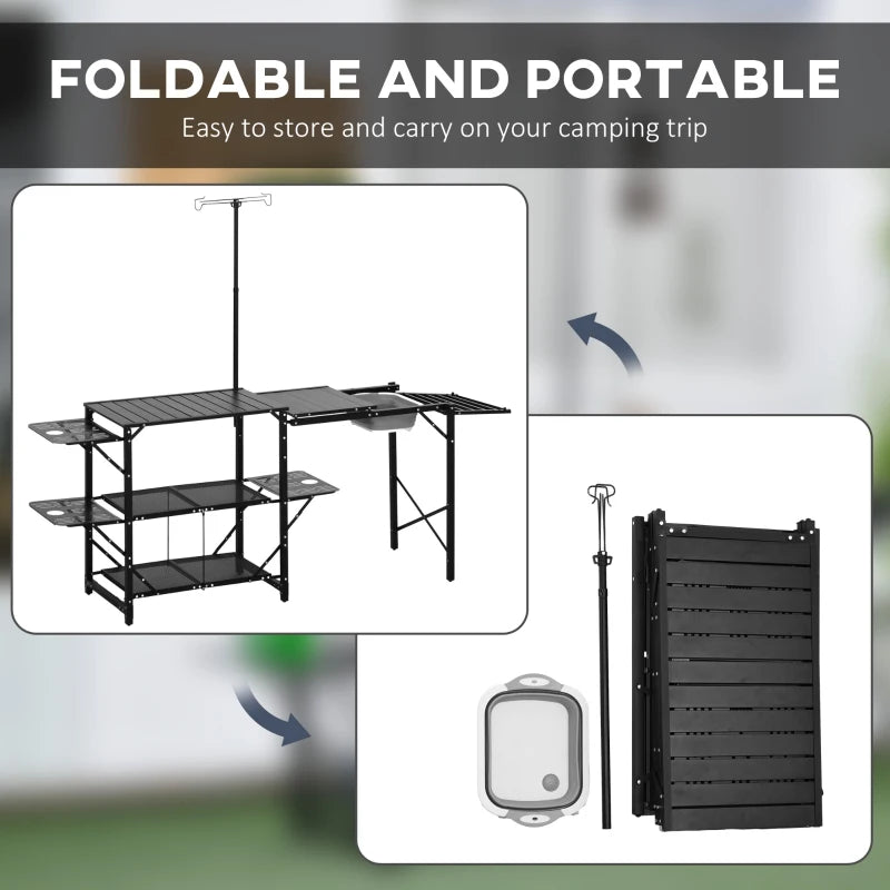 Folding Camping Kitchen, Portable Aluminum Cook Station with Carrying Bag, 3 Side Tables, 2 Shelves for BBQ, Black