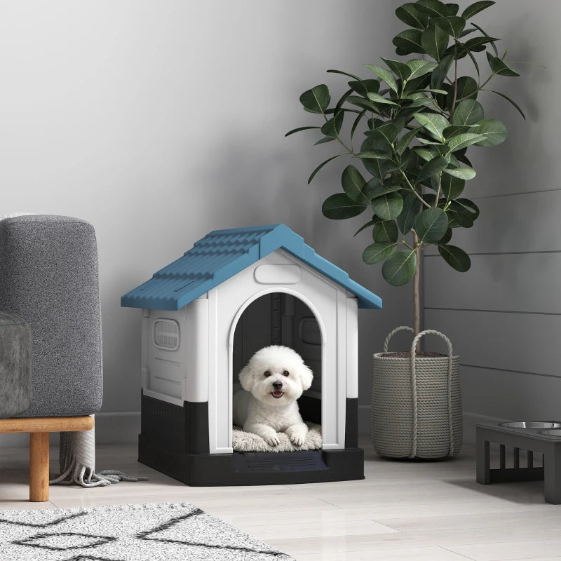 Outside Dog Kennel House with Windows, Base Support, for Garden Patio, Miniature Dogs, 64.5 x 57 x 66cm, Blue