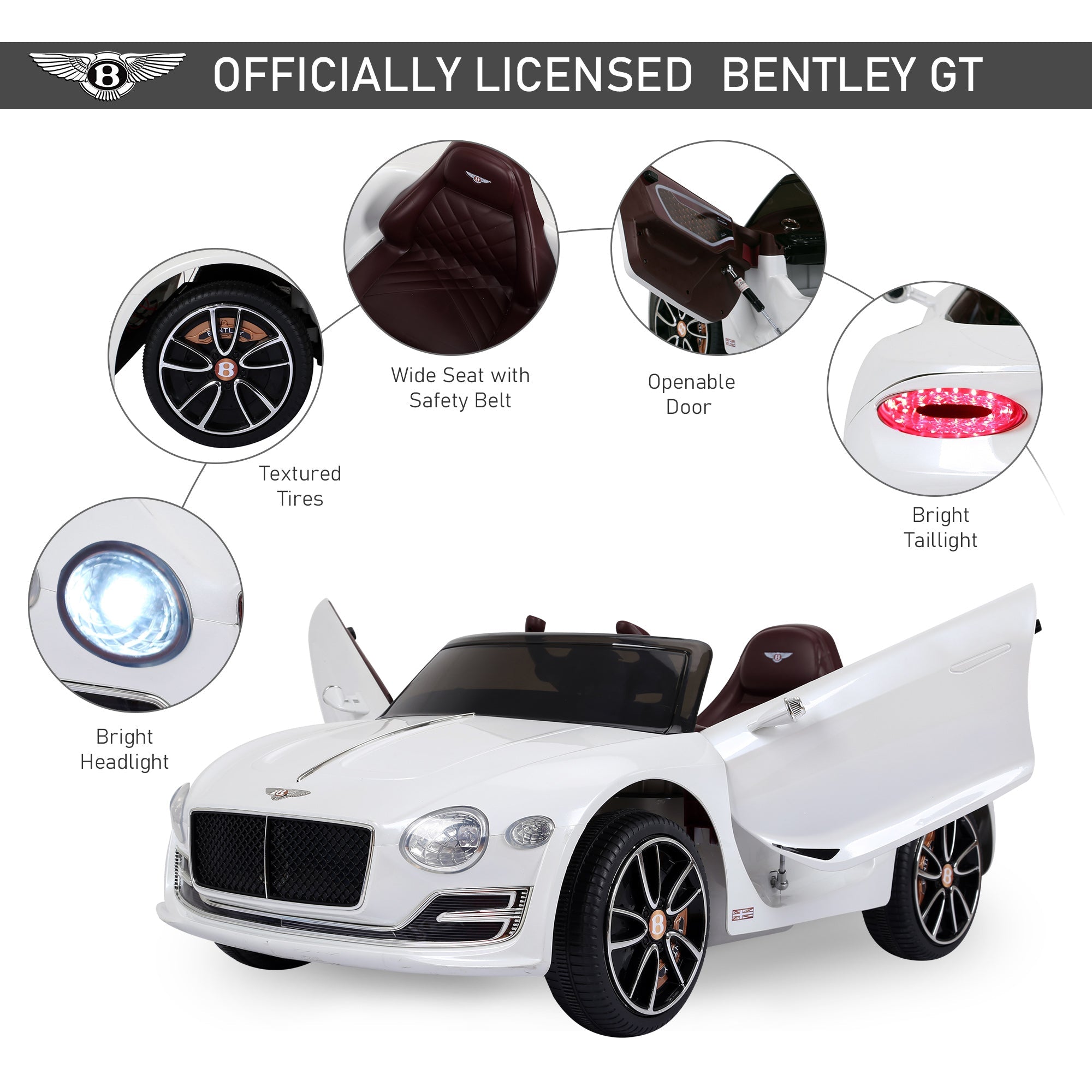 Aosom Licensed Bentley Ride-On Car: 12V, Electric, Battery Powered, Remote Control, 2 Speed, White 