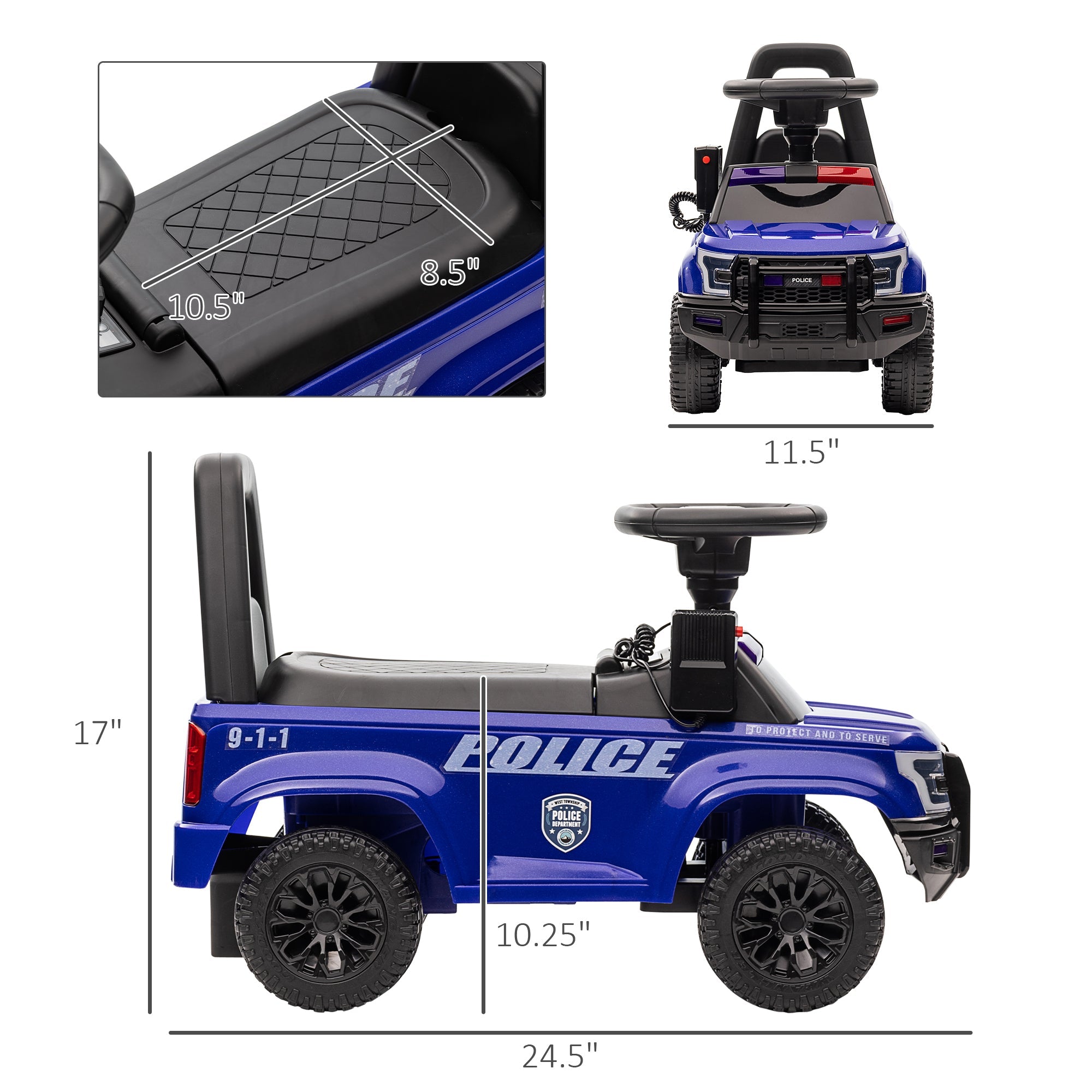 Aosom Kids Ride On Police Car Sliding Vehicle with Under Seat Storage Megaphone Anti-Tip Blue 