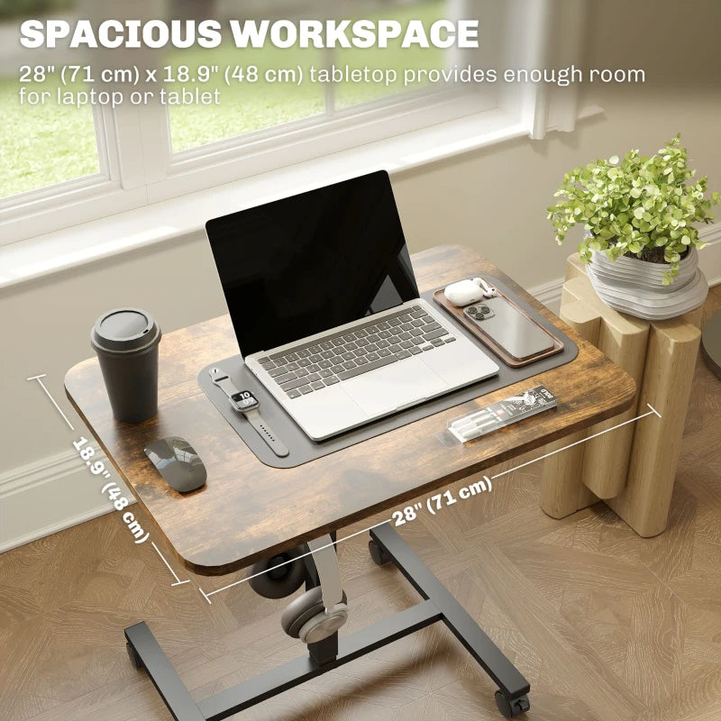 Height Adjustable Standing Desk, Pneumatic Sit Stand Desk with Wheels and Headphone Hook, Rustic Brown