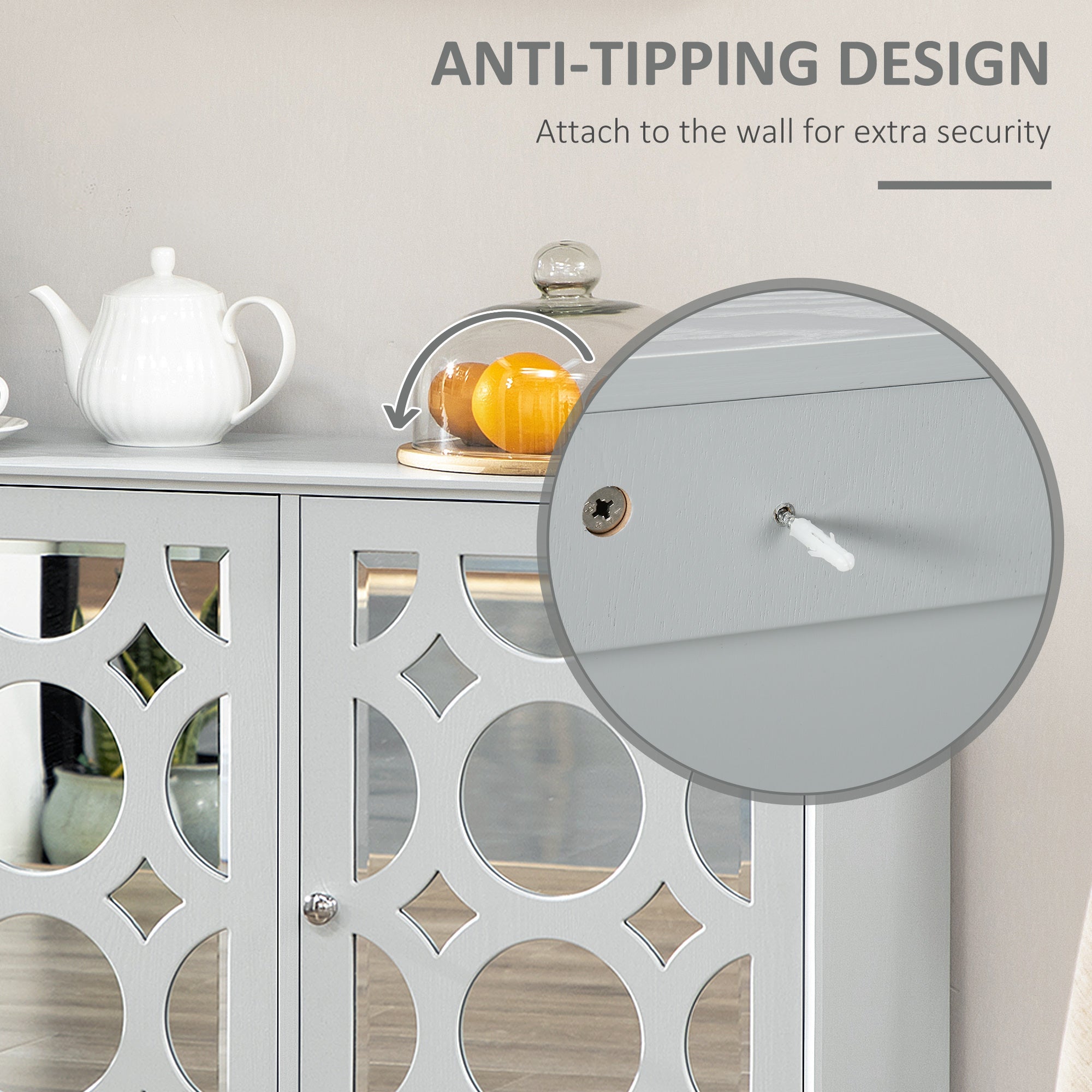 HOMCOM Grey Mirrored Door Buffet Table: Sideboard Kitchen Bar Cabinet with 3 Doors, 2 Cabinets and Adjustable Shelf 