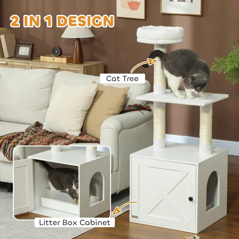 Cat Tree with Litter Box Enclosure, Sisal Covered Scratching Posts, Large Platform, Bed for Indoor Cats, White