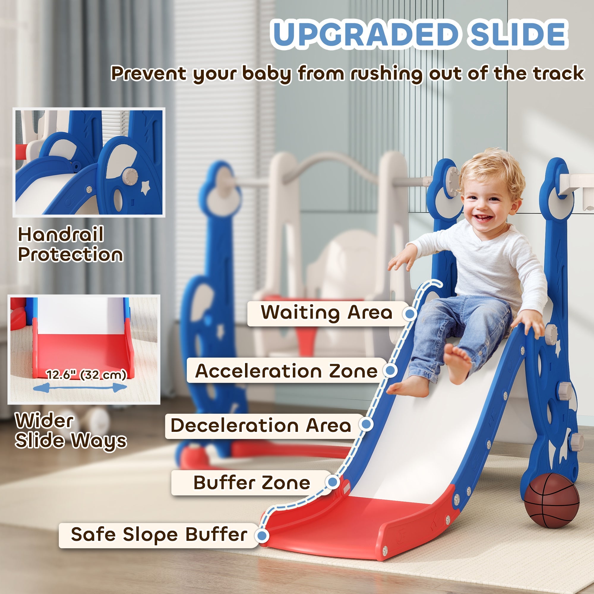Qaba 4-in-1 Slide and Swing Set with Basketball Hoop, Climber, for Ages 1.5-4 Boys Girls Toddler, Rocket Themed, Dark Blue 