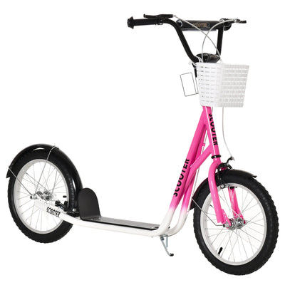 Aosom Kick Scooter for Kids Teens with Adjustable Handlebar Dual Brakes 16" Inflatable Rubber Tyres Outdoor Fun Pink 