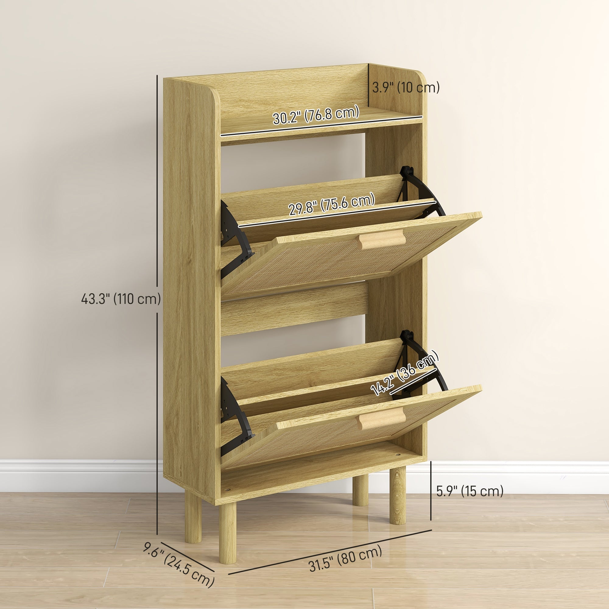 HOMCOM Slim Shoe Storage 2 Flip Drawers Adjustable Shelves Rattan Shoe Organizer 12 Pairs Oak Space Saving 