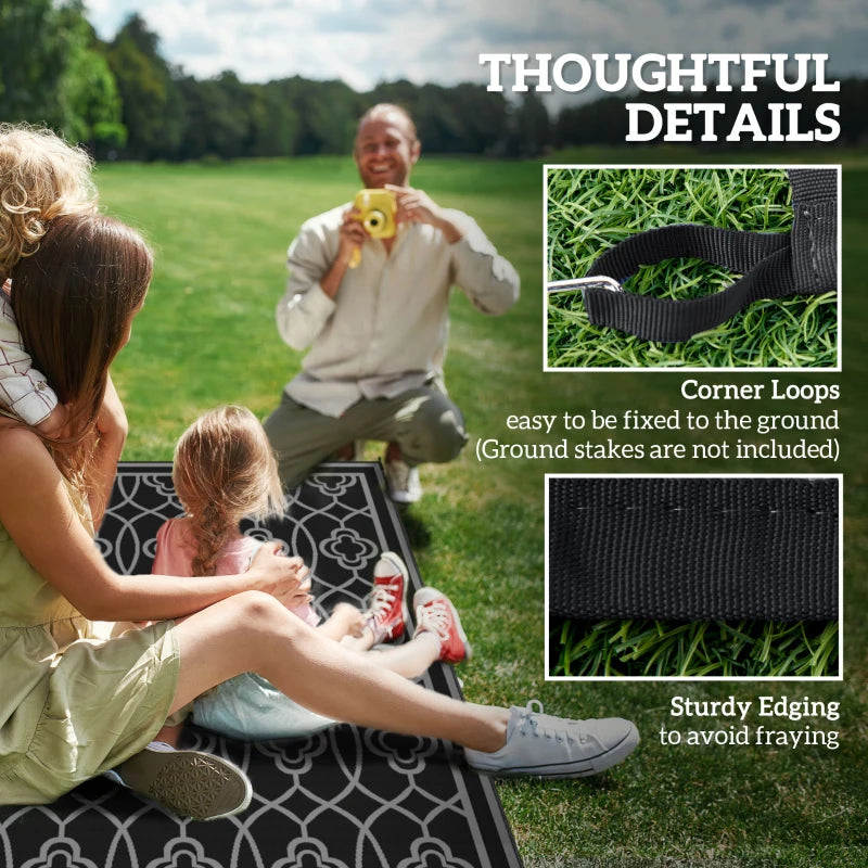 9' x 18' Outdoor RV Rug, Reversible Patio Floor Mat with Carry Bag, Lantern, Black and Grey