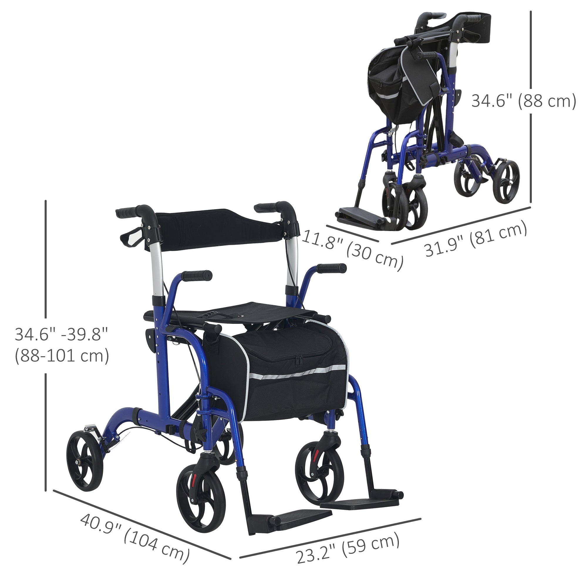 HOMCOM Rollator Walker with Seat, Folding Rolling Walker with 8" Wheels, Walker for Seniors with Adjustable Height, Blue 