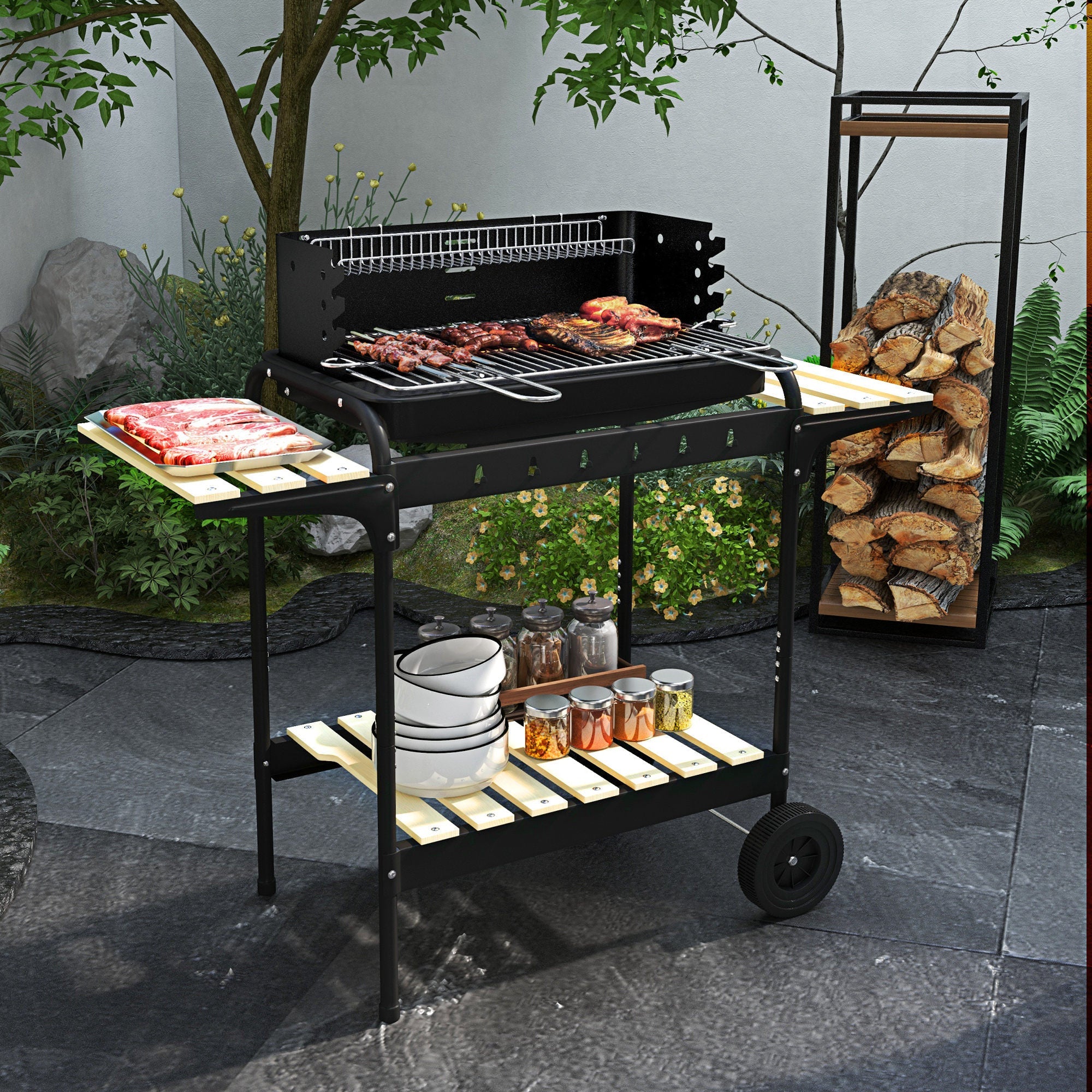 Outsunny Charcoal Barbecue Grill with Adjustable Grill Height, Portable BBQ Trolley with Ash Catcher and Wheels, Black 