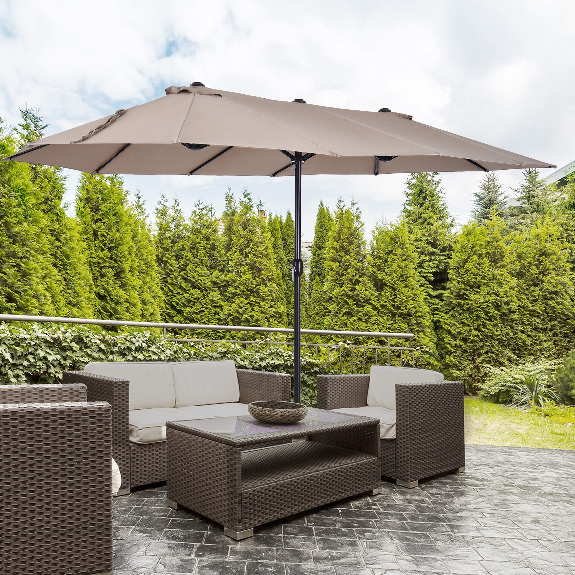 Outsunny 15' Outdoor Patio Umbrella with Twin Canopy Sunshade & Steel Table Umbrella with Lift Crank, Tan 