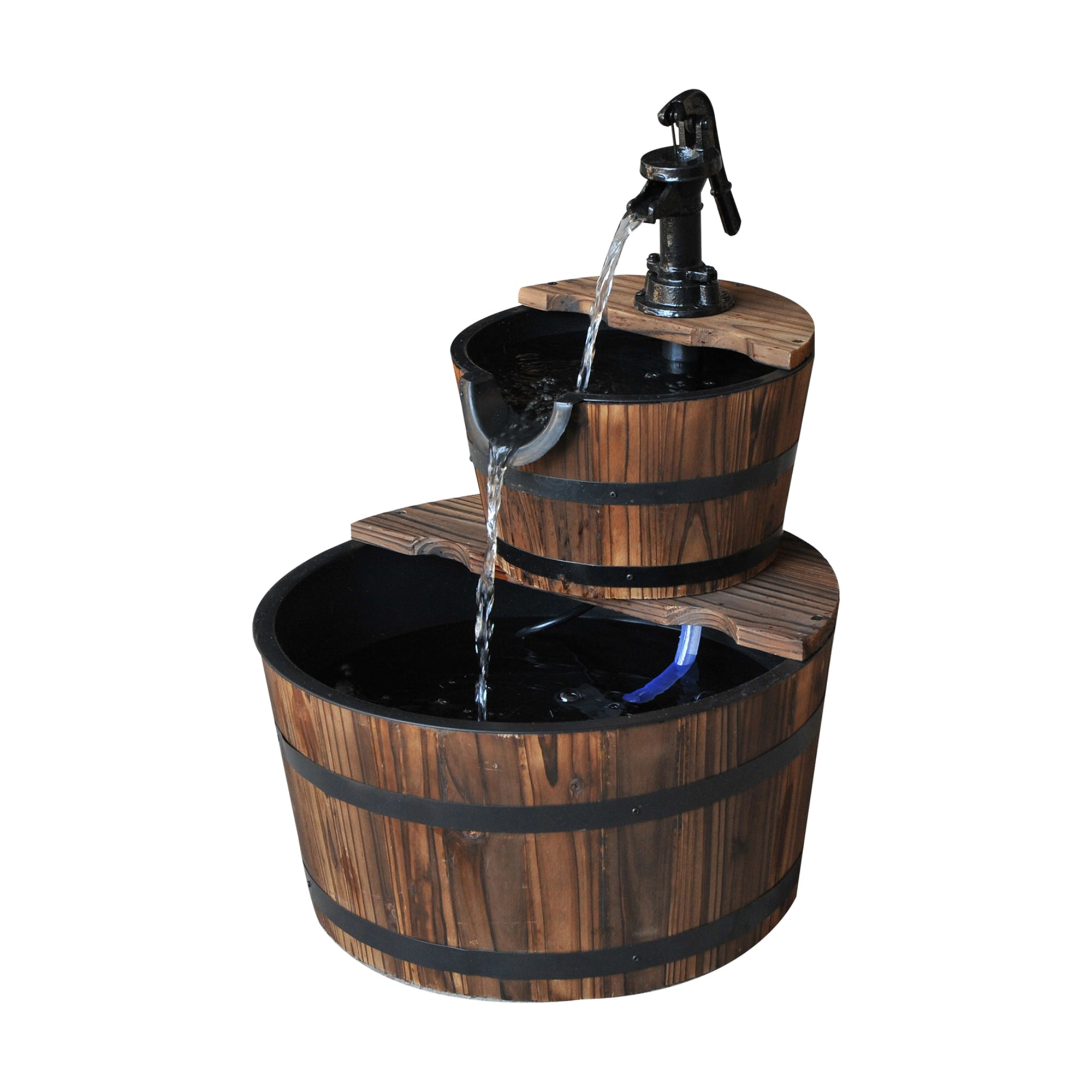 Outsunny 2-Tier Wooden Barrel Water Fountain with Electric Pump Cascading Feature Outdoor Indoor Decoration 