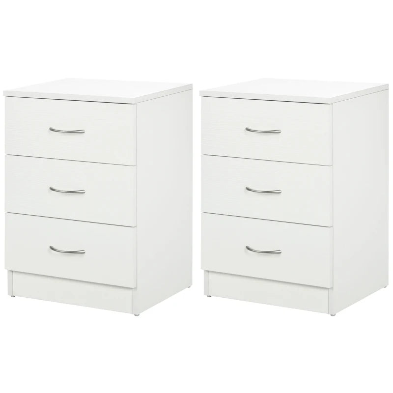 Bedside Table with 3 Drawers, Modern Wood Nightstand, Side Table with Anti-tipping Design for Bedroom, Set of 2, White