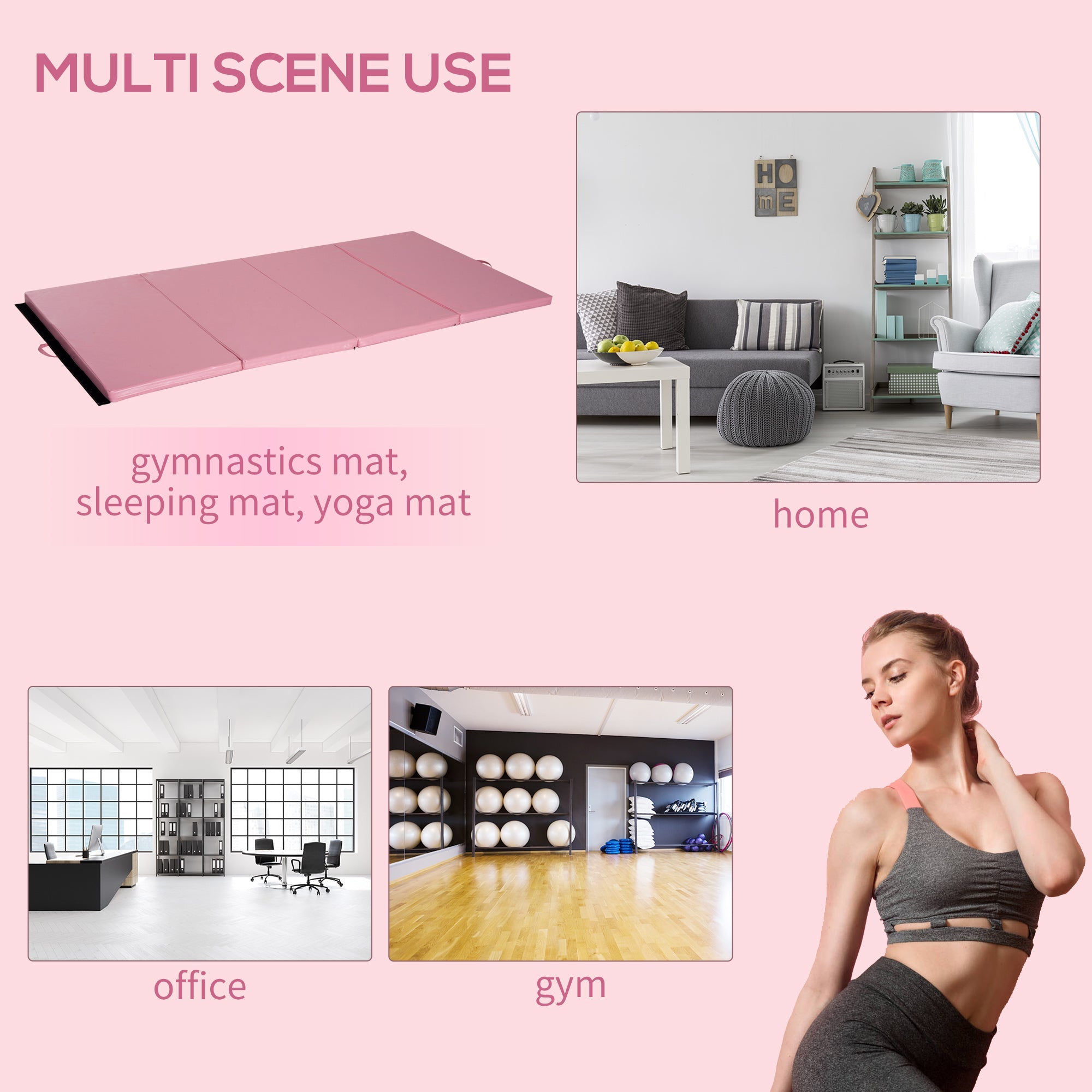 Soozier Tri-Fold Gymnastics Mat 4'x8' Exercise Mat for MMA Martial Arts Stretching with Handles Pink 