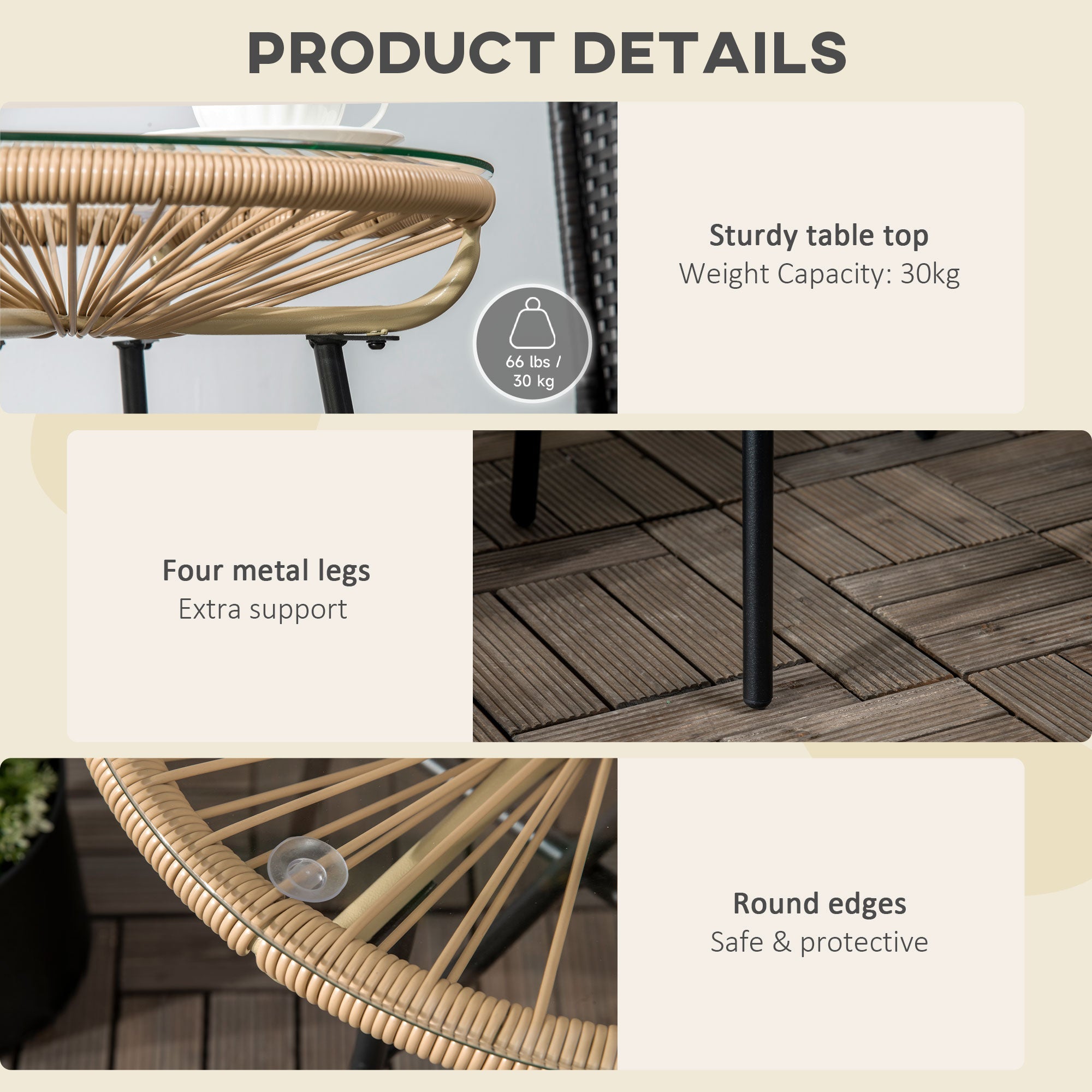 Outsunny Rattan Side Table Round Outdoor with PE Rattan Tempered Glass Top Patio Garden Beige 