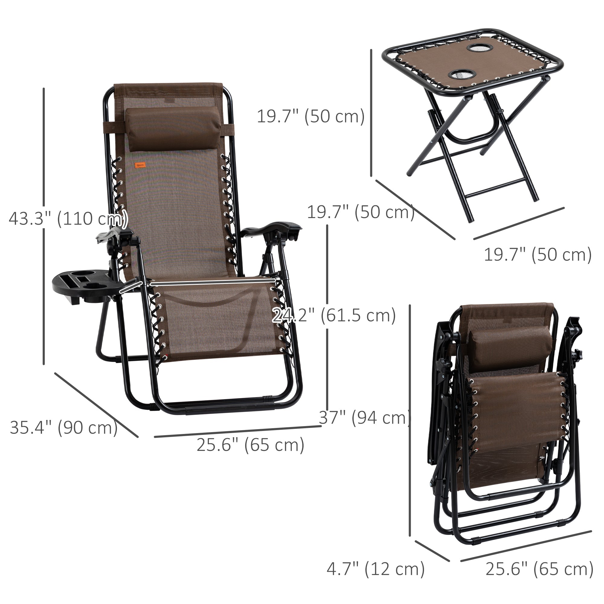 Outsunny Zero Gravity Chair Set of 2 Patio Chair with Side Table Cupholders and Pillows for Pool, Backyard, Lawn, Beach, Brown 
