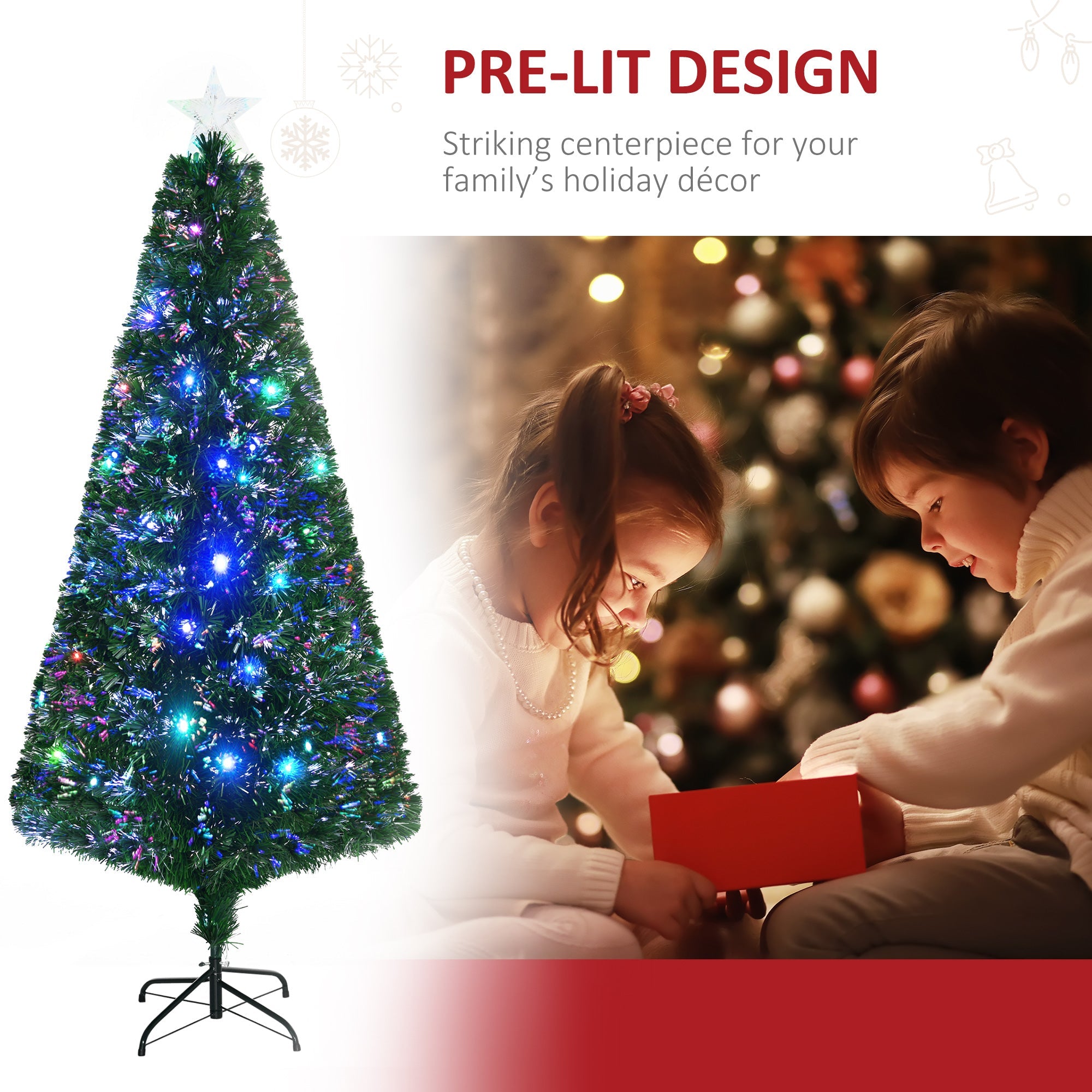 HOMCOM 6FT Prelit Artificial Christmas Tree,  Fiber Optic Tree Xmas Decoration with Multi-colored Light, 230 Tips 