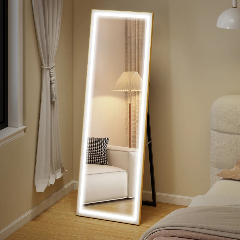 LED Mirror with Dimmable and 3 Colour Lights, 64" x 21" Rectangular Floor Mirror for Bedroom Living Room, Gold