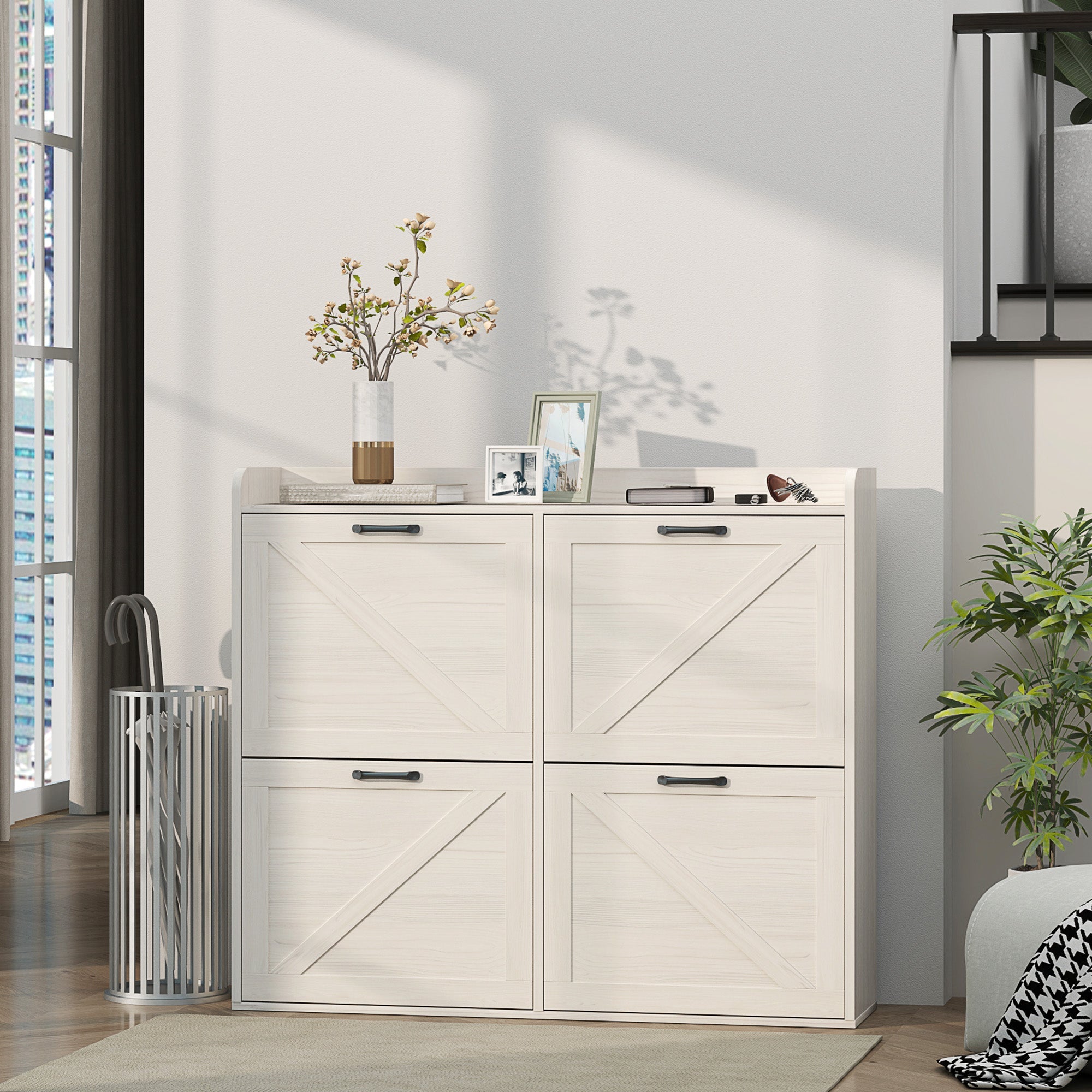 HOMCOM Narrow Shoe Storage Cabinet with 4 Flip Drawers, Adjustable Shelves, 16 Pair Farmhouse Shoe Cabinet, White Oak 