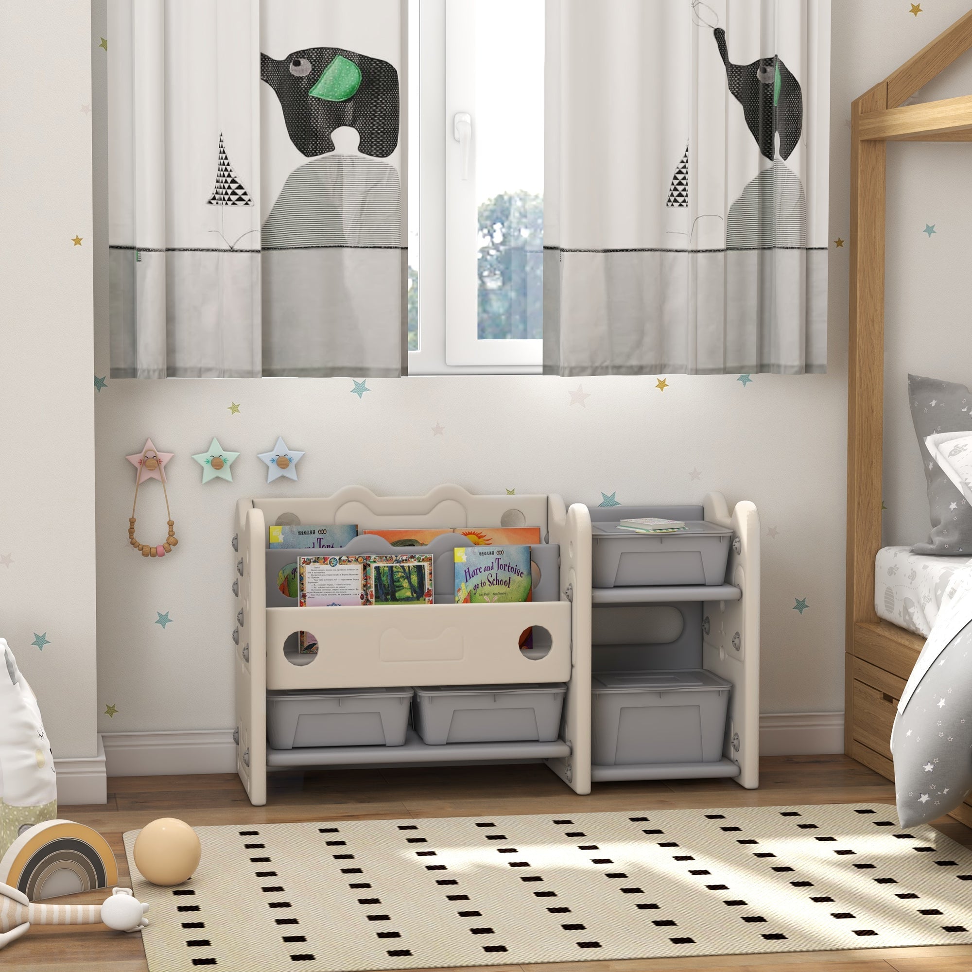 Qaba Toy Storage Organizer with 4 Storage Boxes, Bookshelves, for Nursery, Kids Room, Playroom, Cream White 