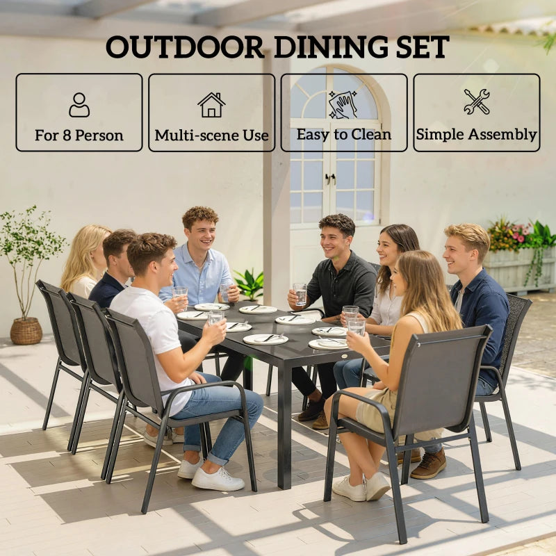 9 Pieces Patio Set with Stackable Chairs, Patio Dining Set with Glass Top for Garden, Patio, Backyard, Dark Grey