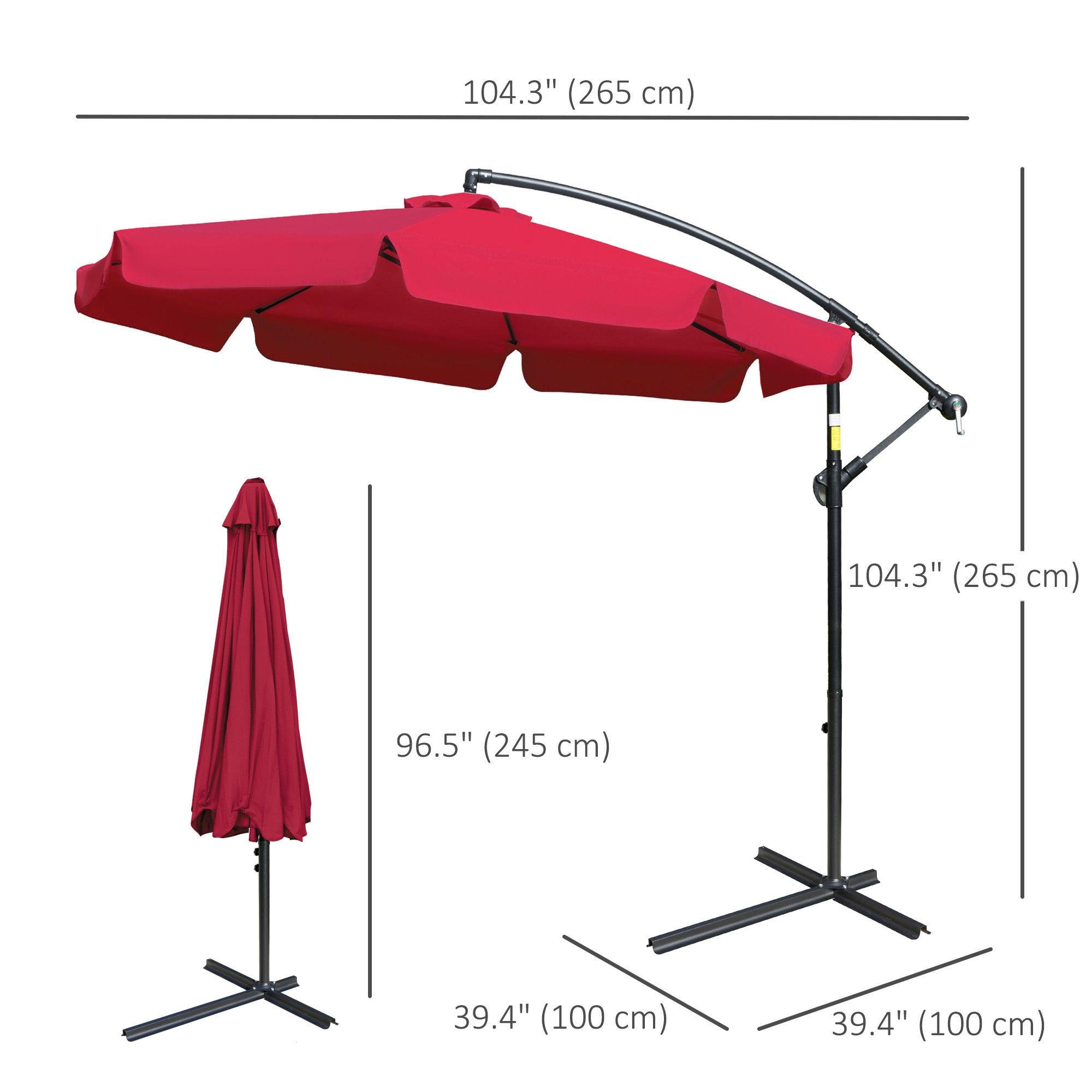 Outsunny 9FT Offset Hanging Patio Umbrella: Red Easy Crank Tilt Cross Base 8 Ribs UV Blocking Canopy 