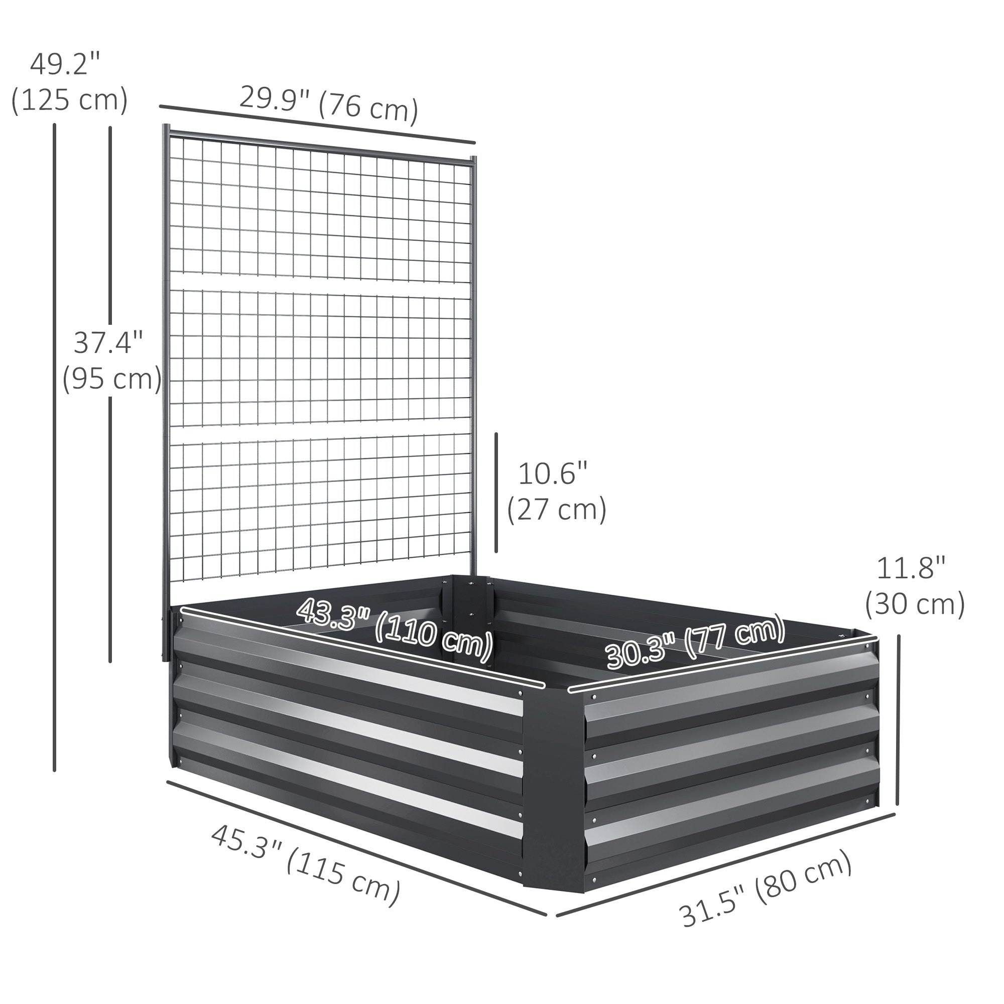 Outsunny Galvanized Raised Garden Bed with Trellis for Climbing Plants, Outdoor Planter Box with Open Bottom, Dark Grey 